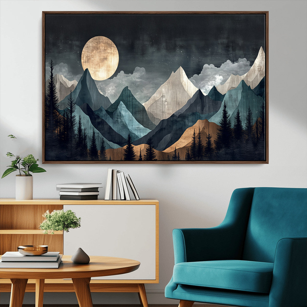 Moonlit Mountain Wall Art Canvas Print, Framed Silhouetted Pines Art, Layered Peaks Rustic Decor