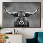 Texas Longhorn Wall Art Canvas Print, Framed Western Bull Photography, Rustic Log Cabin Decor
