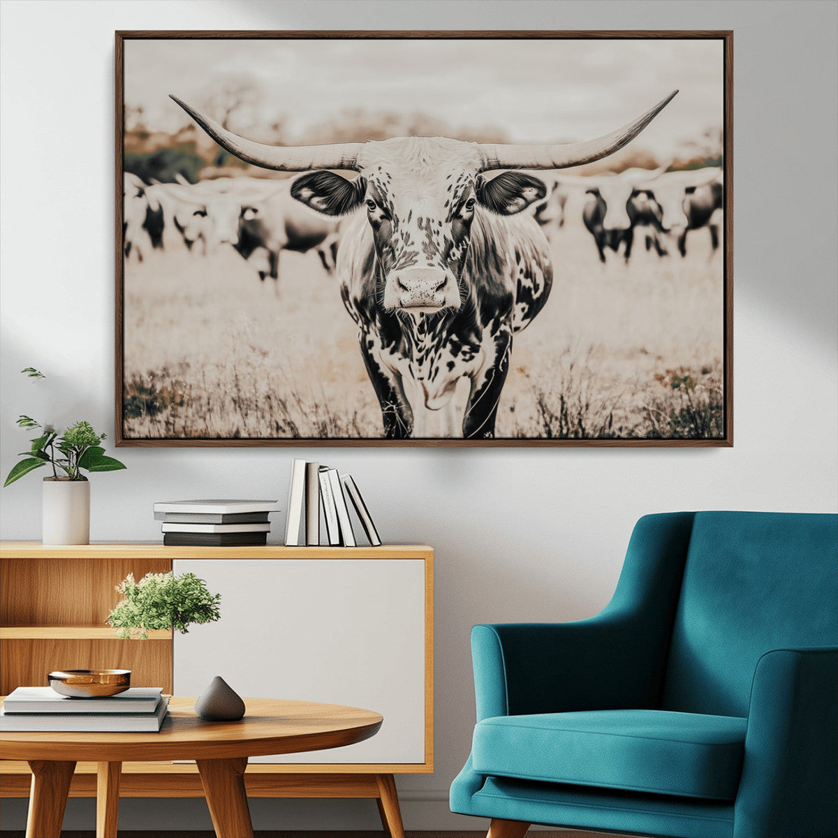 Texas Longhorn Wall Art Canvas Print | Framed Speckled Brown and White Bull