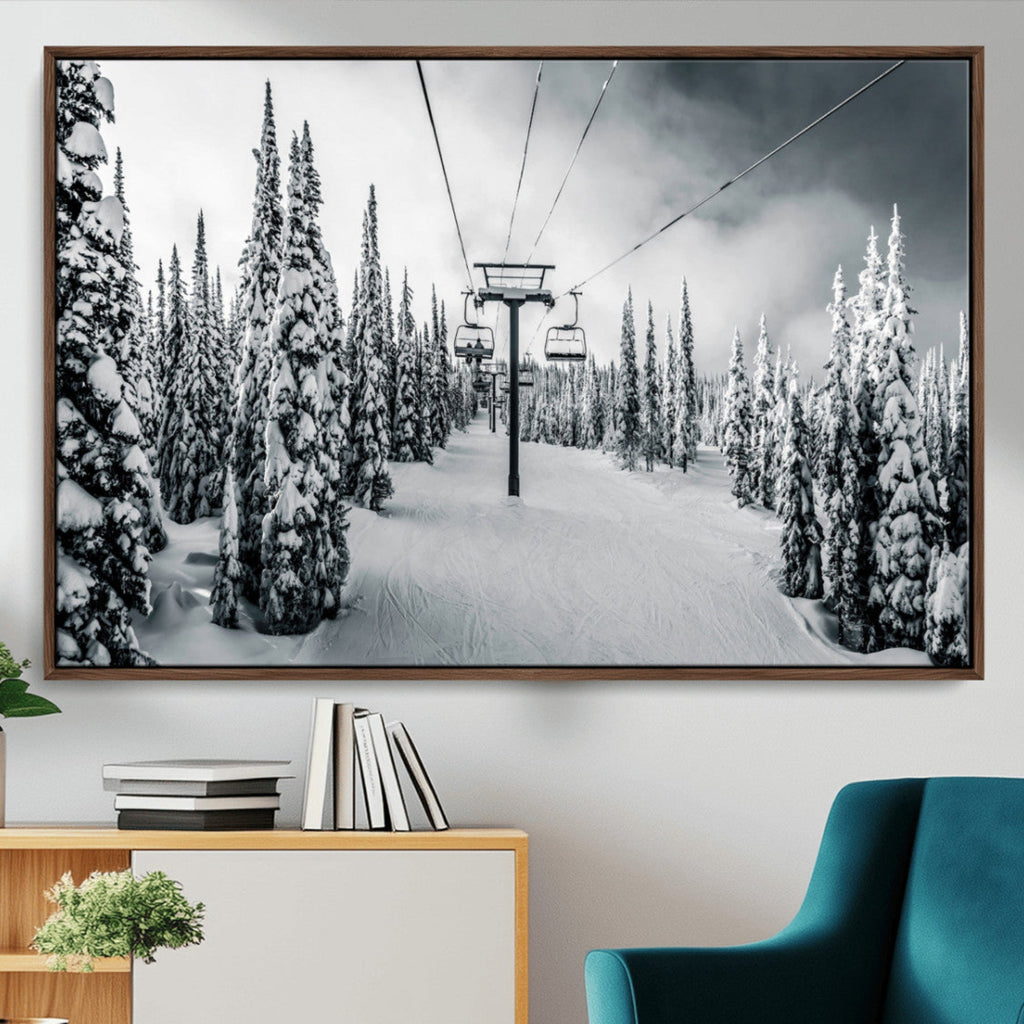Snowy Pines Wall Art Canvas Print | Ski Lift in a Winter Forest