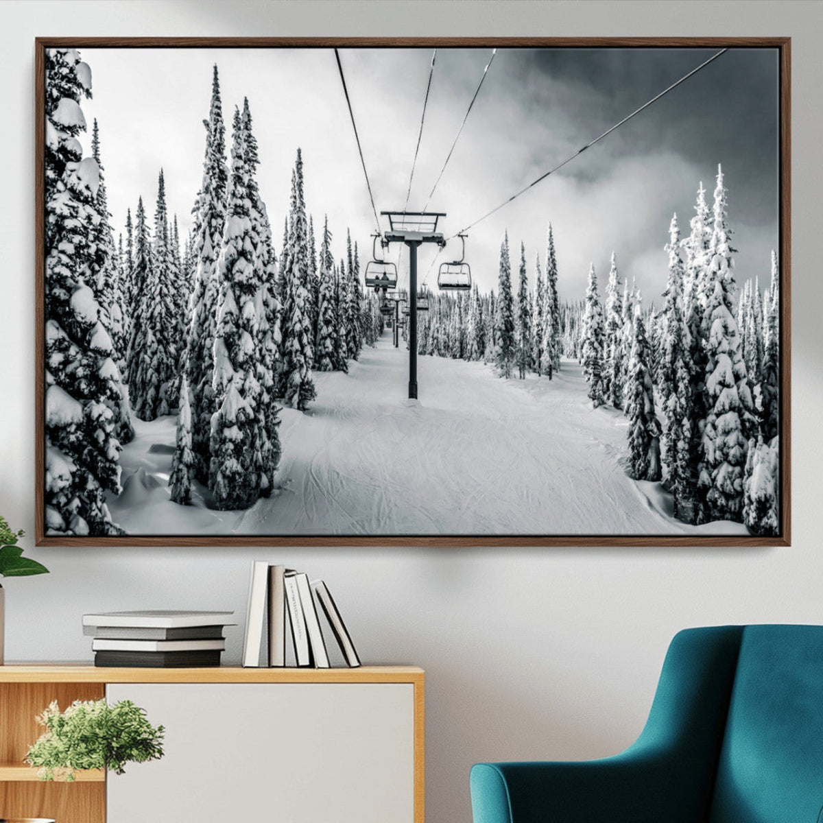 Snowy Pines Wall Art Canvas Print | Ski Lift in a Winter Forest