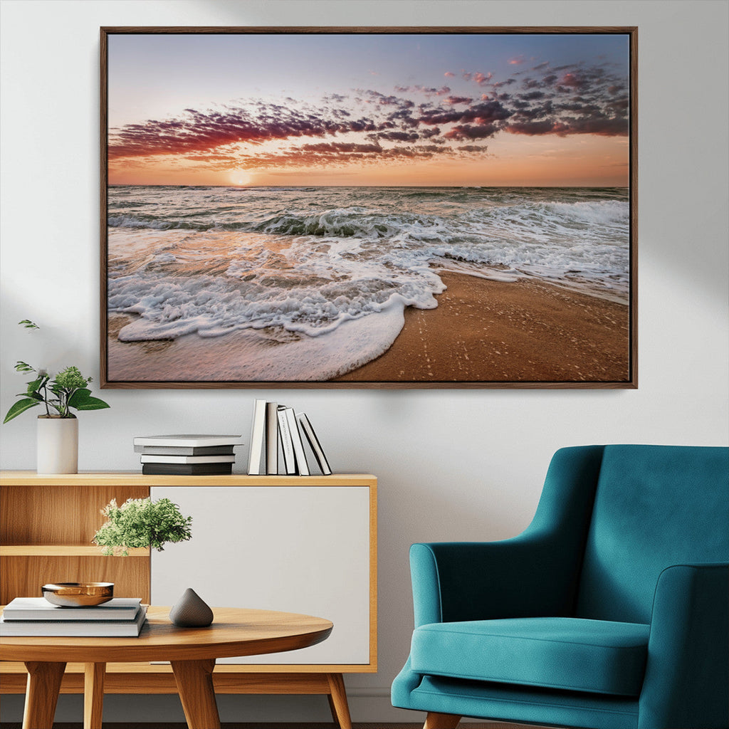 Ocean Sunset Wall Art Canvas Print | Sandy Shore and Gentle Waves