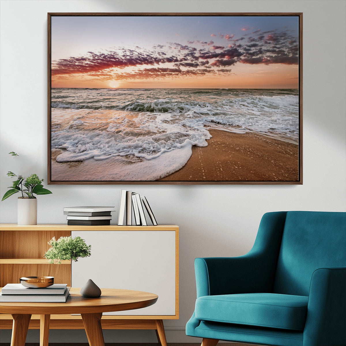 Ocean Sunset Wall Art Canvas Print | Sandy Shore and Gentle Waves