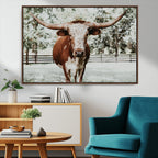 Texas Longhorn Wall Art Canvas Print | Framed Spotted Brown and White Bull