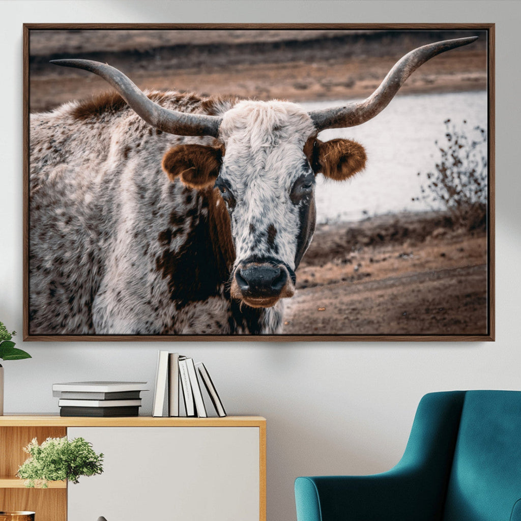 Texas Longhorn Wall Art Canvas Print | Framed Brown and White Spotted Longhorn