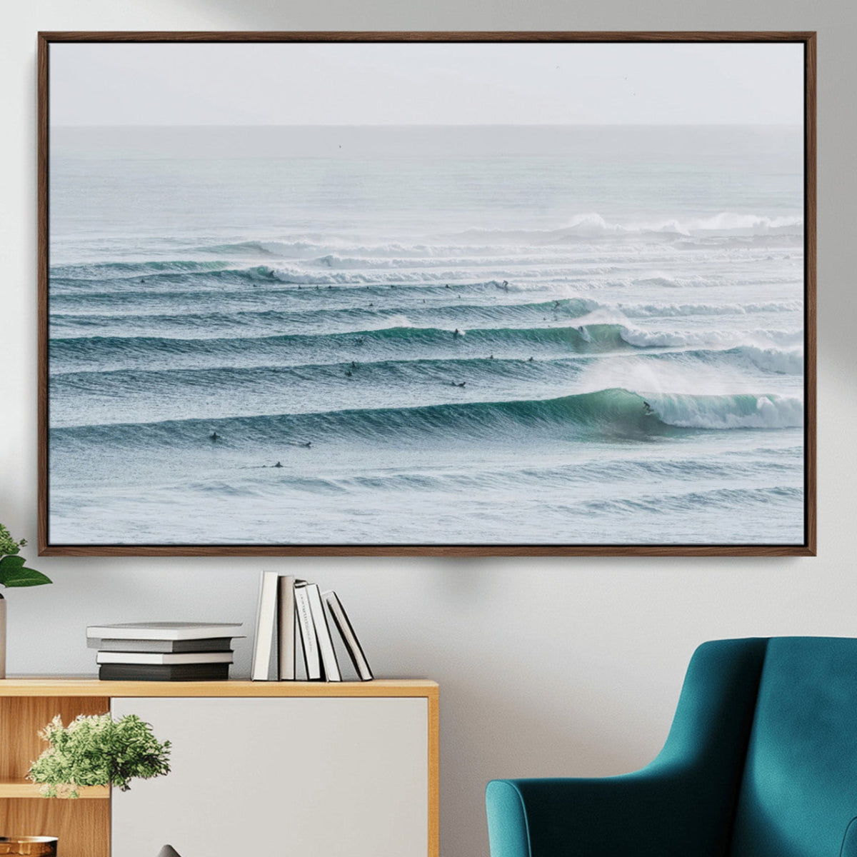 Ocean Waves Wall Art Canvas Print, Framed Surfer Lineup on a Crowded Ocean