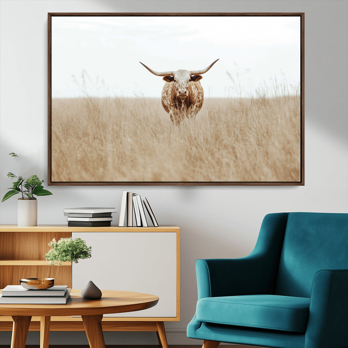 Texas Longhorn Wall Art Canvas Print, Framed Lone Cattle and Longhorn Bull Scene