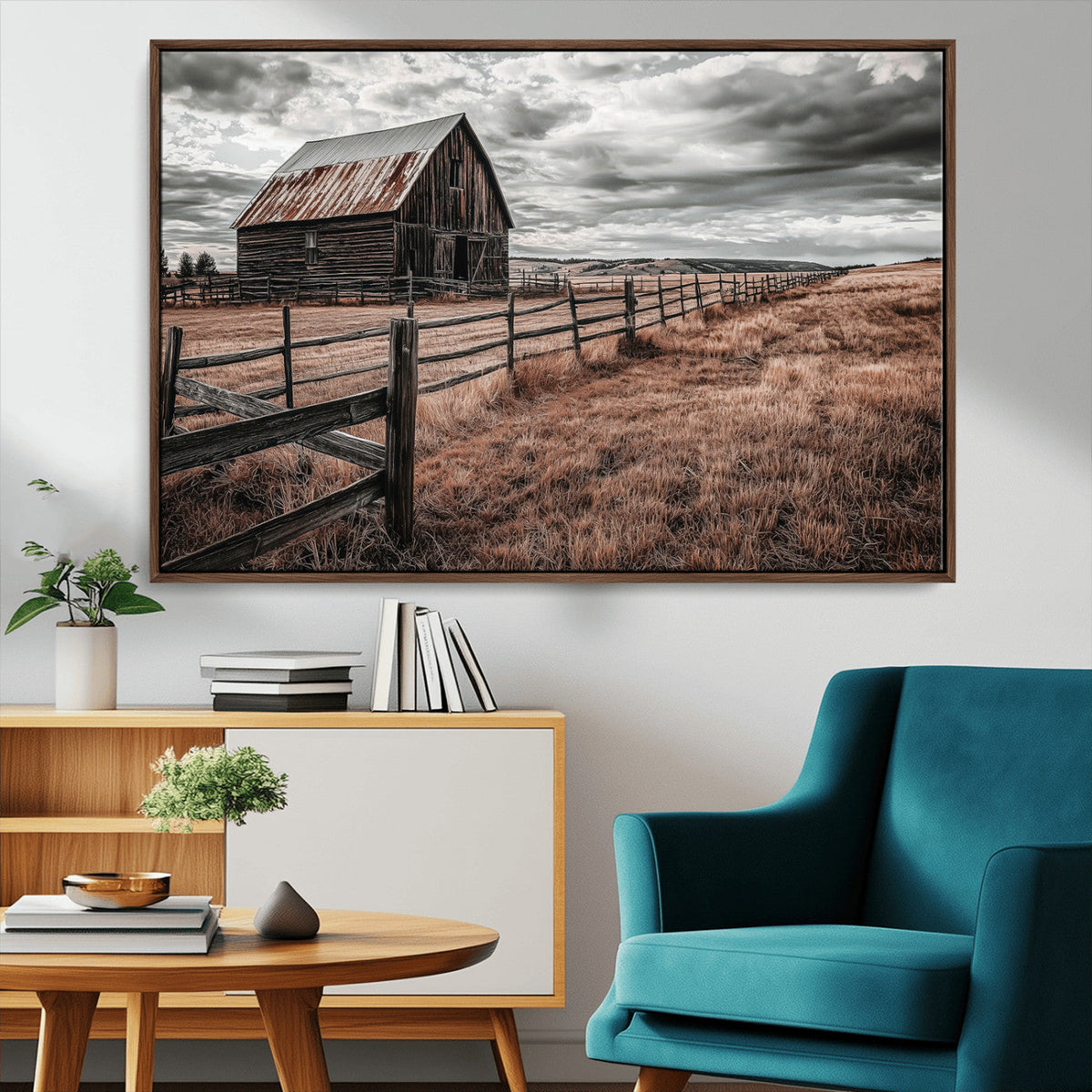 Rustic Barn Wall Art Canvas Print, Framed Moody Field Scene