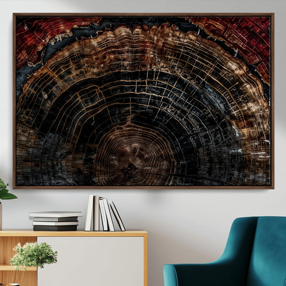 Dark Wood Ring Wall Art Canvas Print, Framed Abstract Tree Slice Print, Rustic Wood Grain Decor