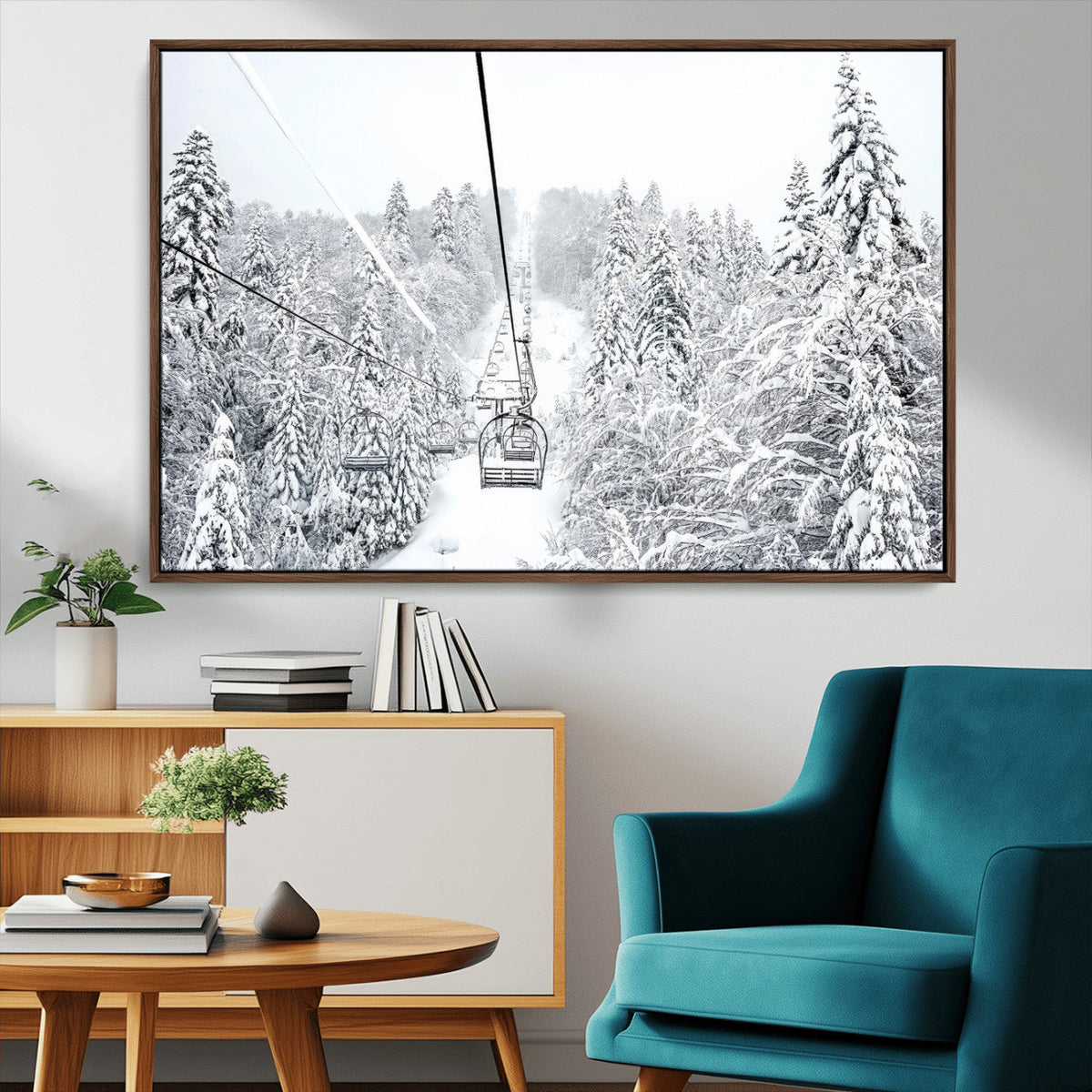Snowy Ski Lift Wall Art | Framed Winter Mountain Canvas