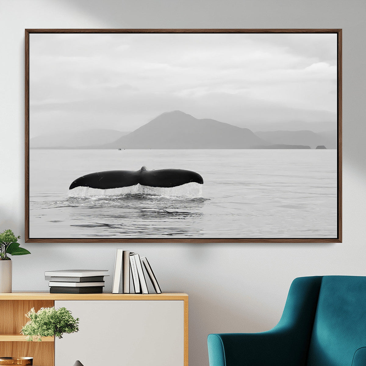 Whale Tail Wall Art | Framed Black White Ocean Canvas