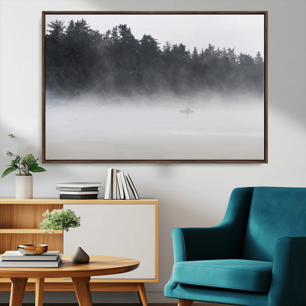 Surfer Fog Wall Art Canvas Print, Framed Foggy Beach and Coastal Surf Scene