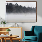 Surfer Fog Wall Art Canvas Print, Framed Foggy Beach and Coastal Surf Scene