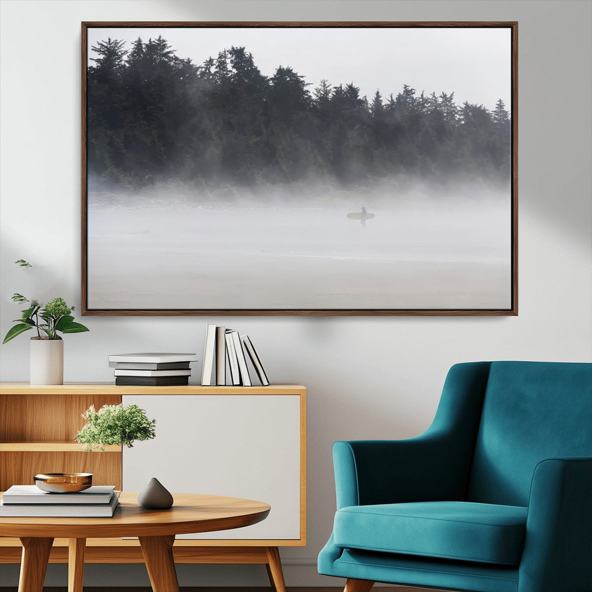 Surfer Fog Wall Art Canvas Print, Framed Foggy Beach and Coastal Surf Scene