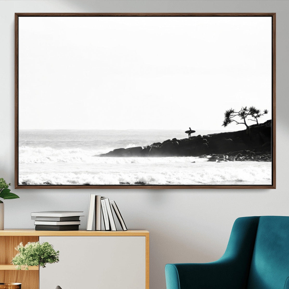 Surfer Cliffs Wall Art Canvas Print, Framed Black White Beach and Ocean Waves