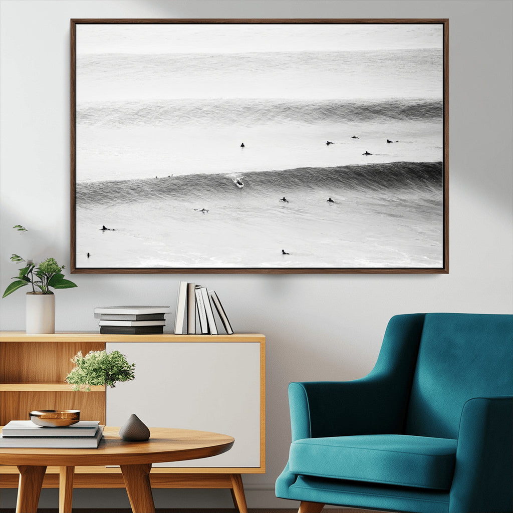 Black White Ocean Wall Art Canvas Print, Framed Coastal Sport and Ocean Swimmers Scene