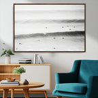 Black White Ocean Wall Art Canvas Print, Framed Coastal Sport and Ocean Swimmers Scene