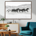 Wild Horses Running Wall Art Canvas Print, Framed Black White Mustangs Artwork