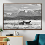 Wild Horses Wall Art | Framed Black White Mountain Canvas