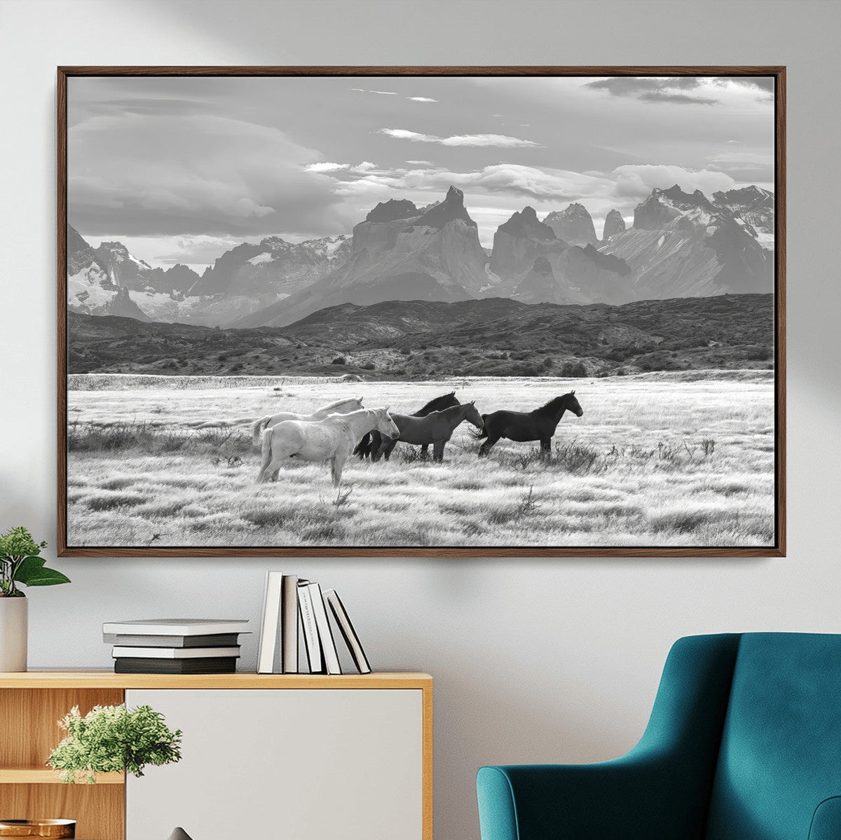 Wild Horses Wall Art | Framed Black White Mountain Canvas