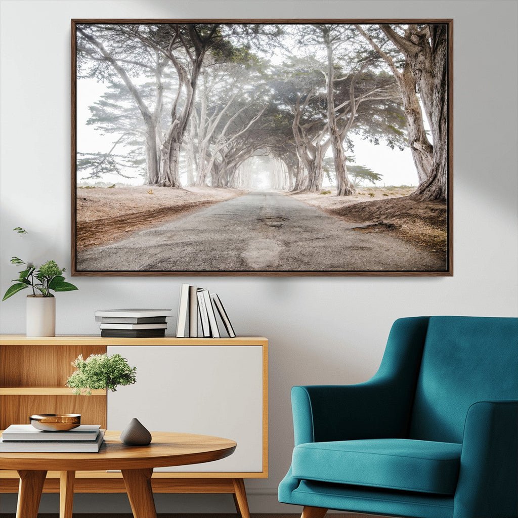 Cypress Tunnel Wall Art | Framed Misty Road Canvas Artwork