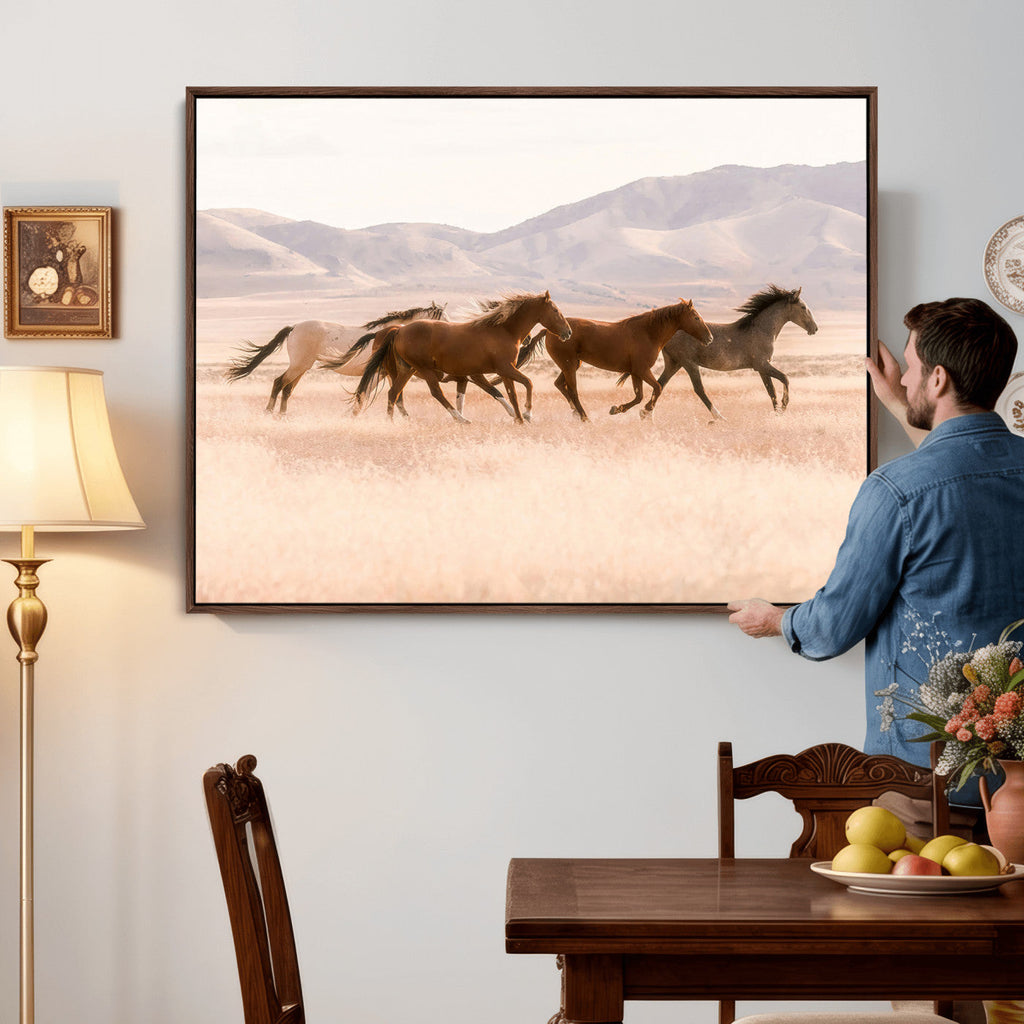 Wild Horse Wall Art Canvas Print, Framed Rustic Western Art, Desert Horse Scene