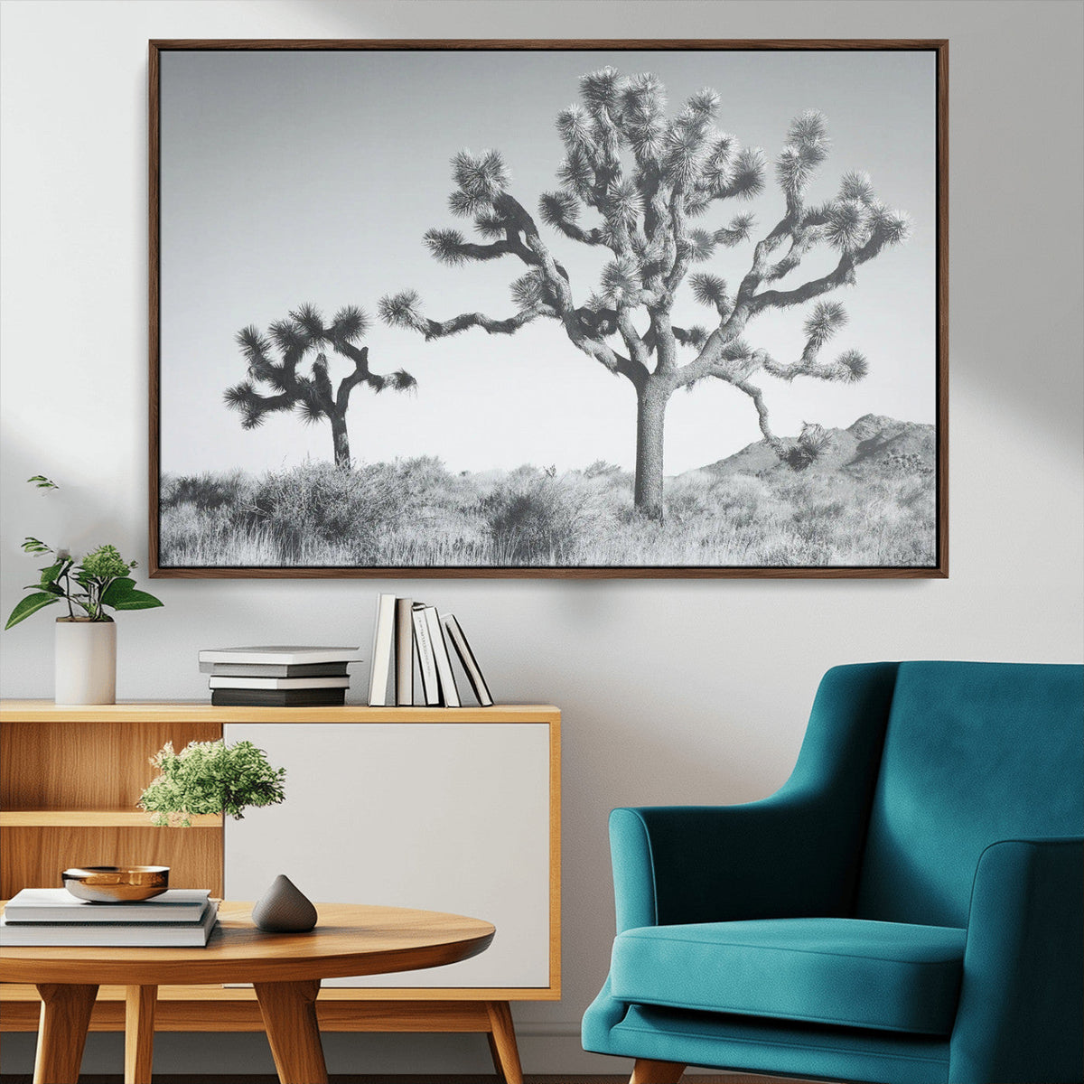 Joshua Tree Wall Art Canvas Print, Framed Black and White Desert Landscape Artwork