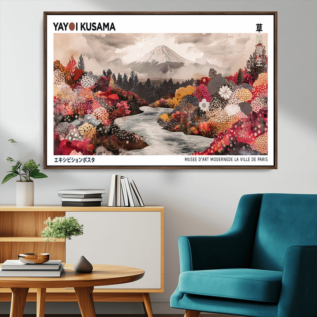 Modern Japanese Wall Art Canvas Print, Framed Abstract Mount Fuji Art, Yayoi Kusama Japanese Landscape