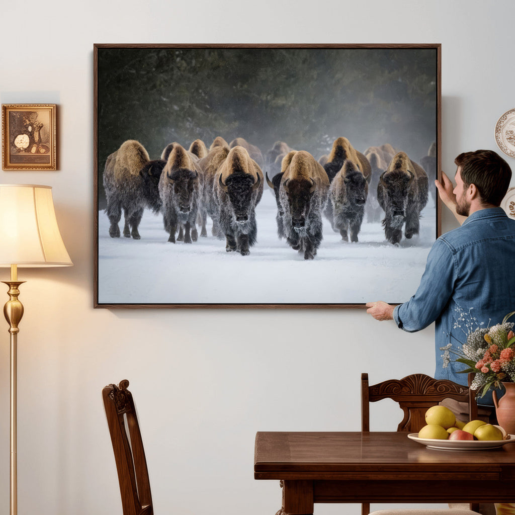 Bison Herd Wall Art Canvas Print, Framed Rustic Wildlife Decor, Snowy Bison Landscape