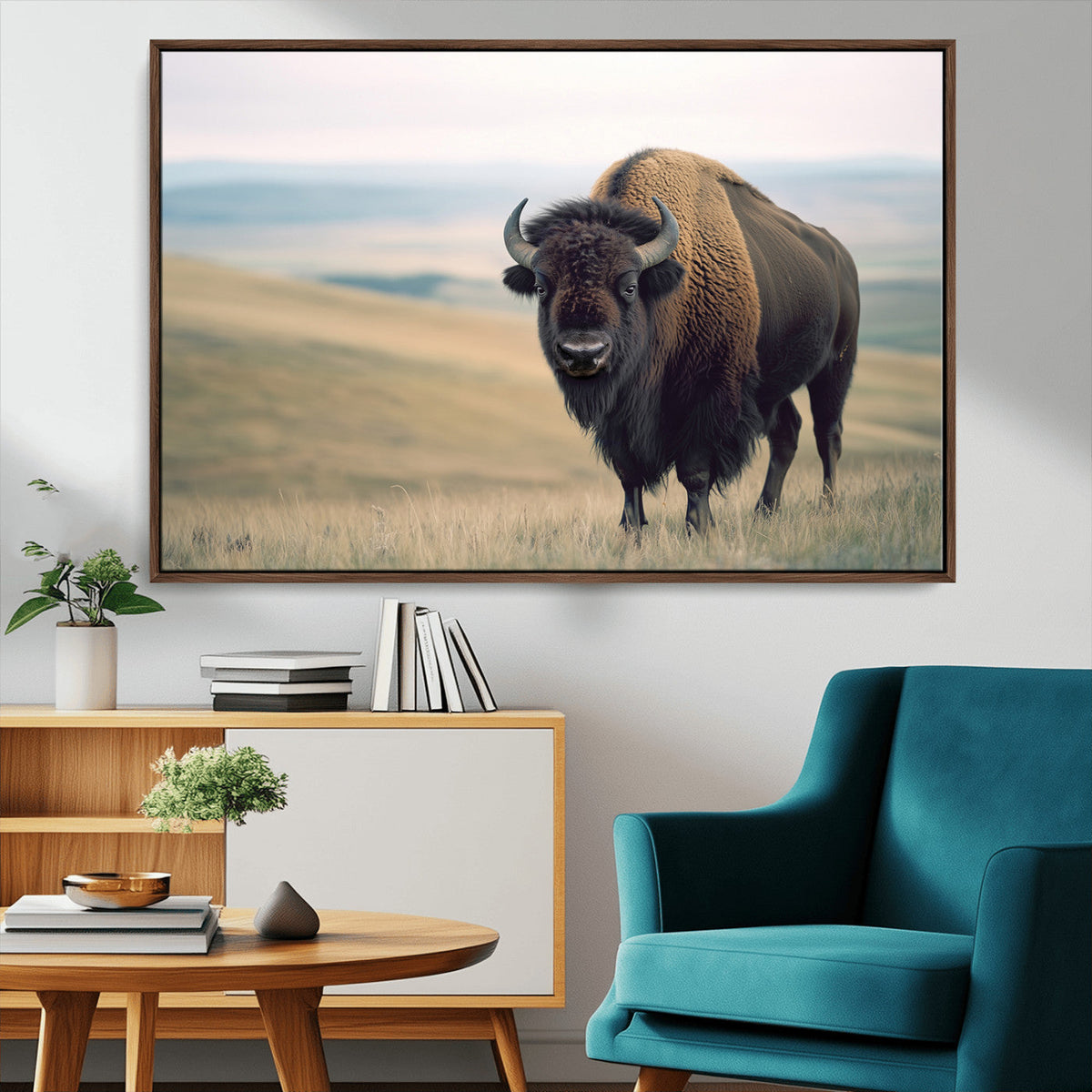Bison Wall Art Canvas Print, Framed American Buffalo Rustic Western Artwork