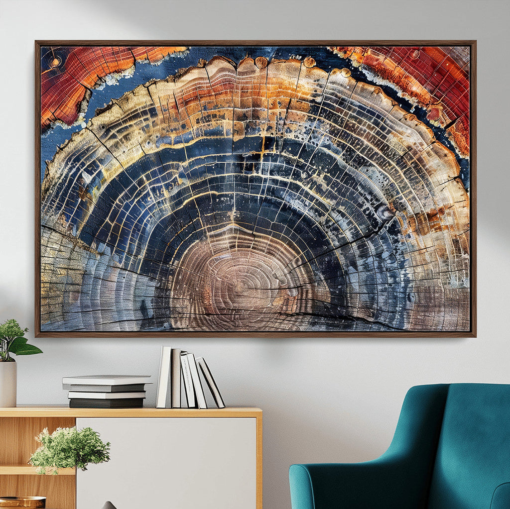 Tree Rings Wall Art Canvas Print, Framed Petrified Wood Art, Modern Rustic Decor
