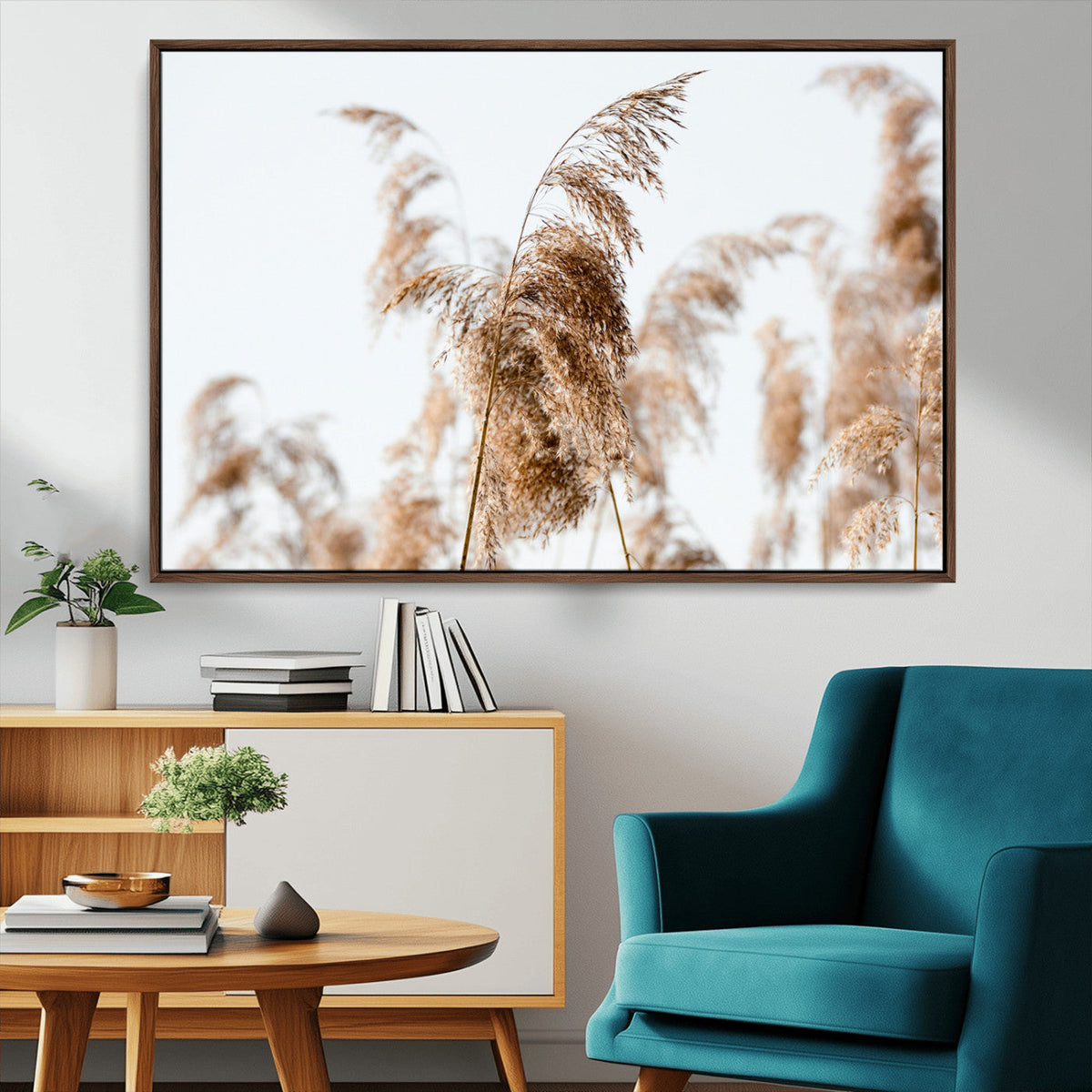 Pampas Grass Wall Art Canvas Print, Framed Neutral Tones Minimalist Boho