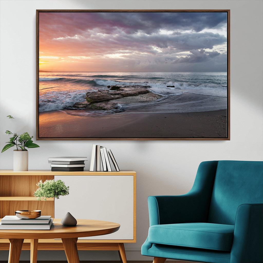 Golden Hour Wall Art Canvas Print, Framed Tranquil Waves Beach Sunset