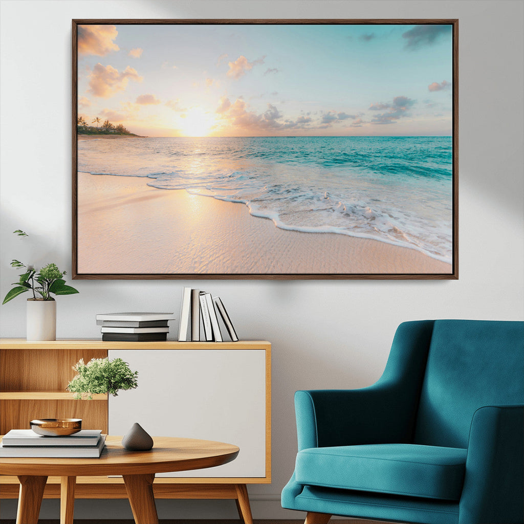 Beach Sunset Wall Art Canvas Print, Framed Ocean Waves Summer Escape