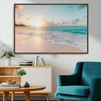 Beach Sunset Wall Art Canvas Print, Framed Ocean Waves Summer Escape