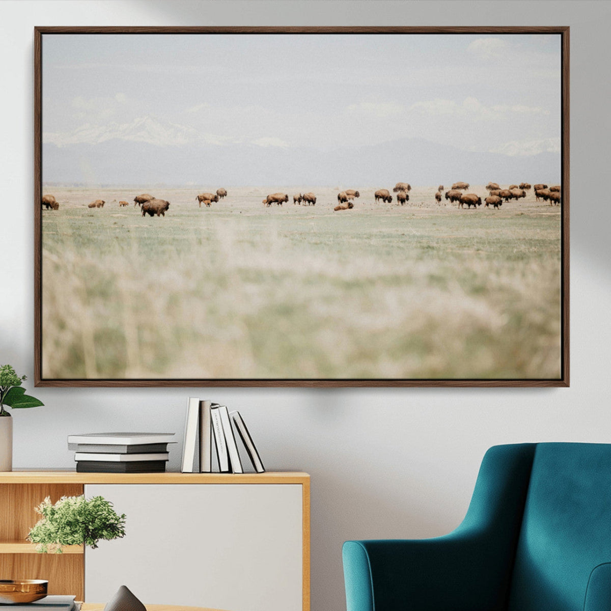 Bison Herd Wall Art Canvas Print, Framed Western Ranch Nature Scene