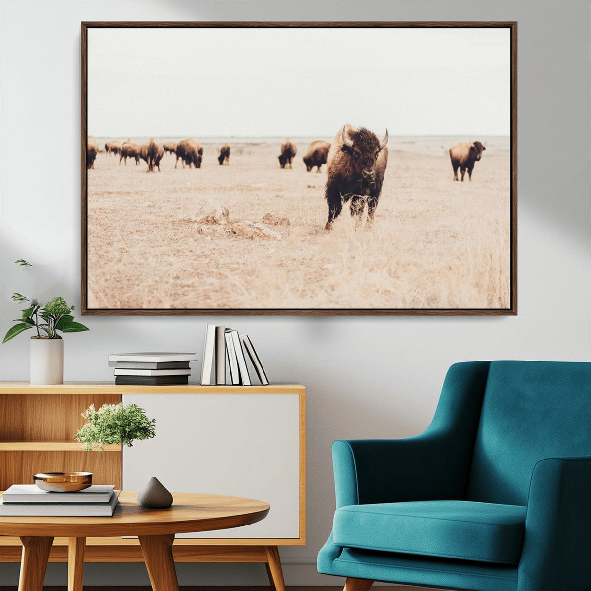 Bison Herd Wall Art Canvas Print, Framed Western Prairie Serenity