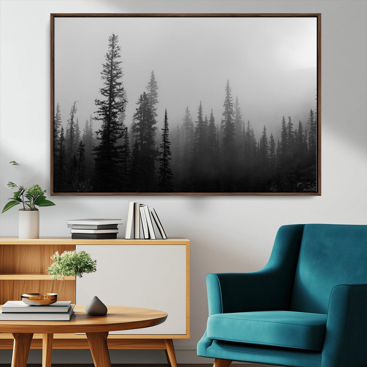 Misty Pines Wall Art Canvas Print, Framed Woodland Minimalist Black and White