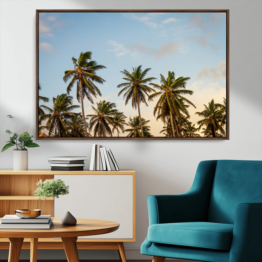 Palm Trees Wall Art Canvas Print, Framed Tropical Vibes Coastal Sunset