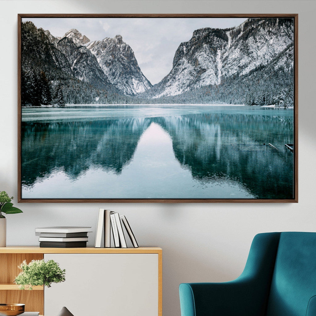 Mountain Lake Wall Art Canvas Print, Framed Toblacher See Winter Wonderland