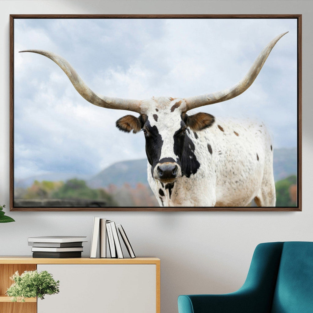 Texas Longhorn Wall Art Canvas Print, Framed Western Rustic Farmhouse