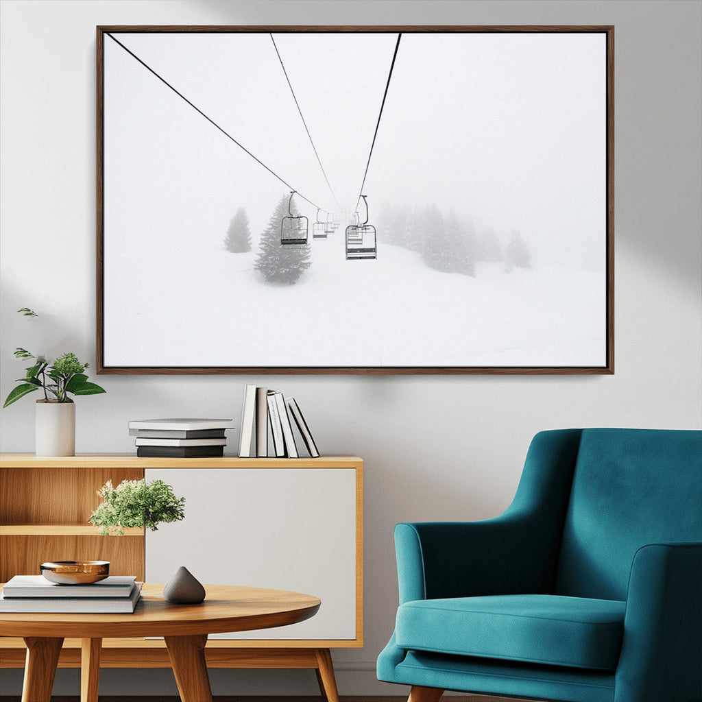 Ski Lift Wall Art Canvas Print, Framed Snowy Landscape Art, Alpine Adventure Nordic Minimalist Decor