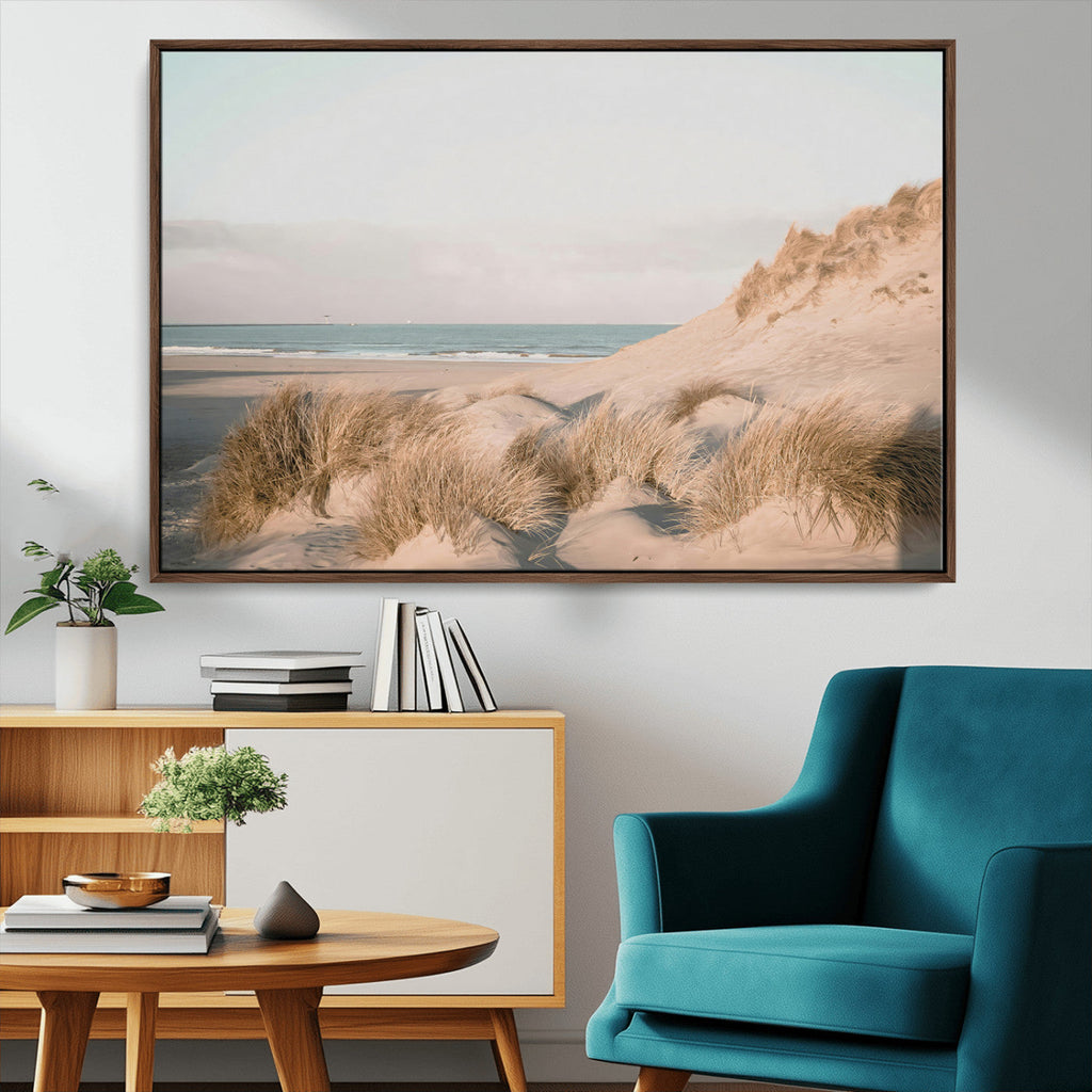 Beach Landscape Wall Art Canvas Print, Framed Sand Dune Photography, Minimalist Seascape Coastal Decor
