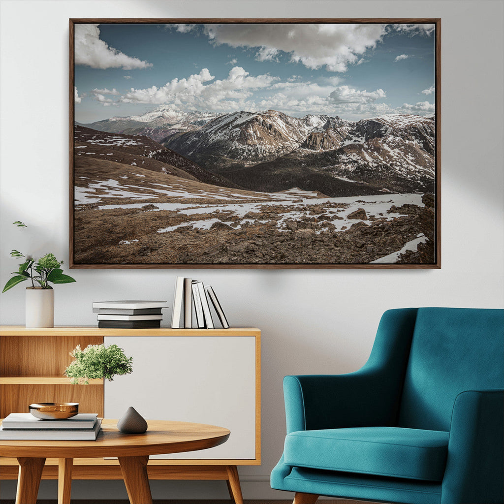 Mountain Landscape Wall Art Canvas Print, Framed Snowy Peaks Art, Rugged Highlands Rustic Adventure Decor