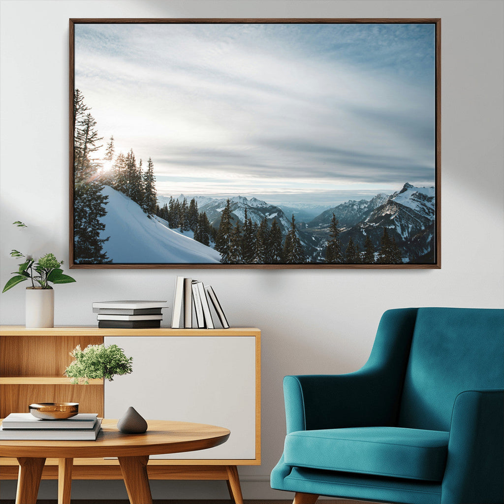 Snowy Mountains Wall Art Canvas Print, Framed Alpine Landscape Frosty Peaks Artwork