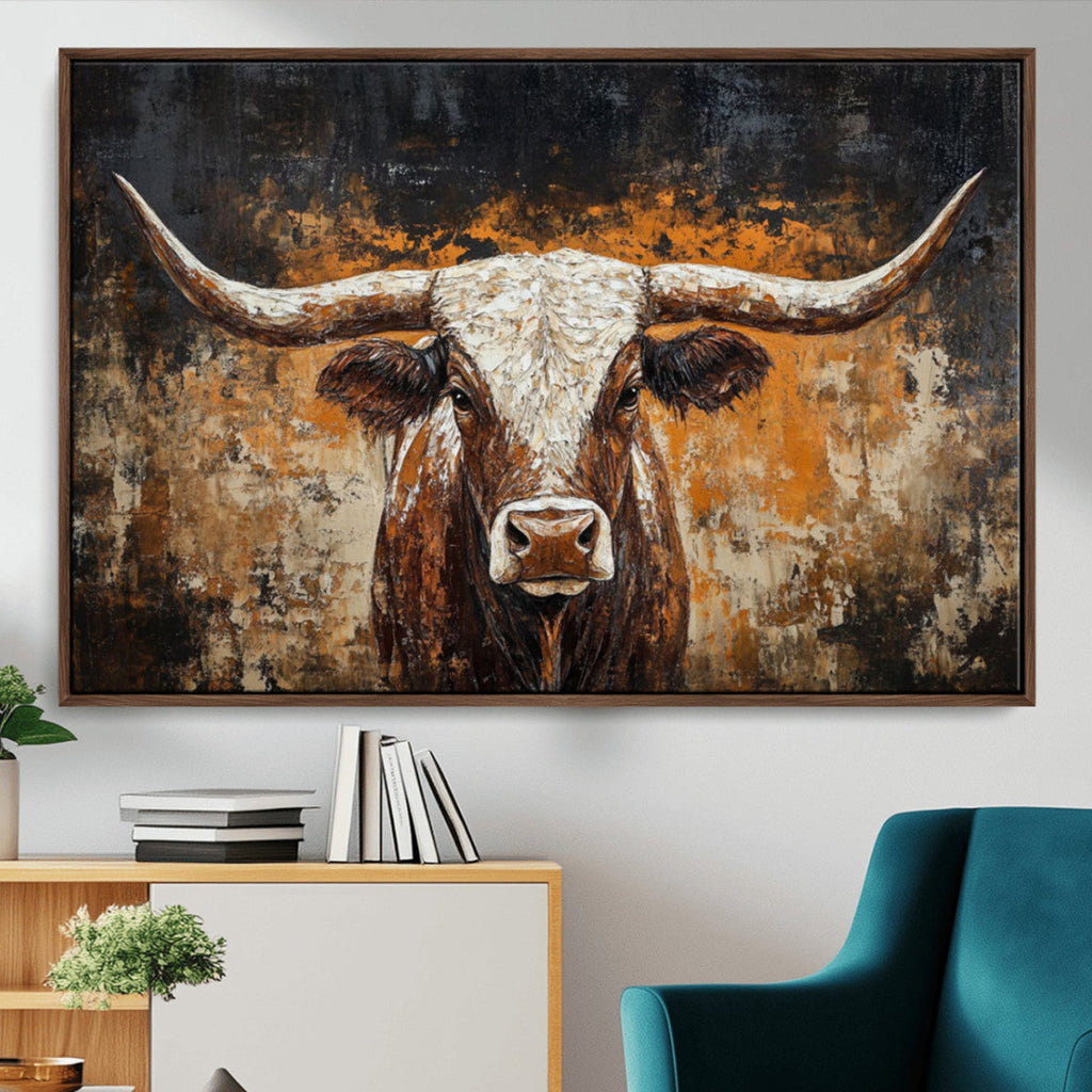 Abstract Longhorn Bull Wall Art Canvas Print, Vintage Western Texas Steer Artwork