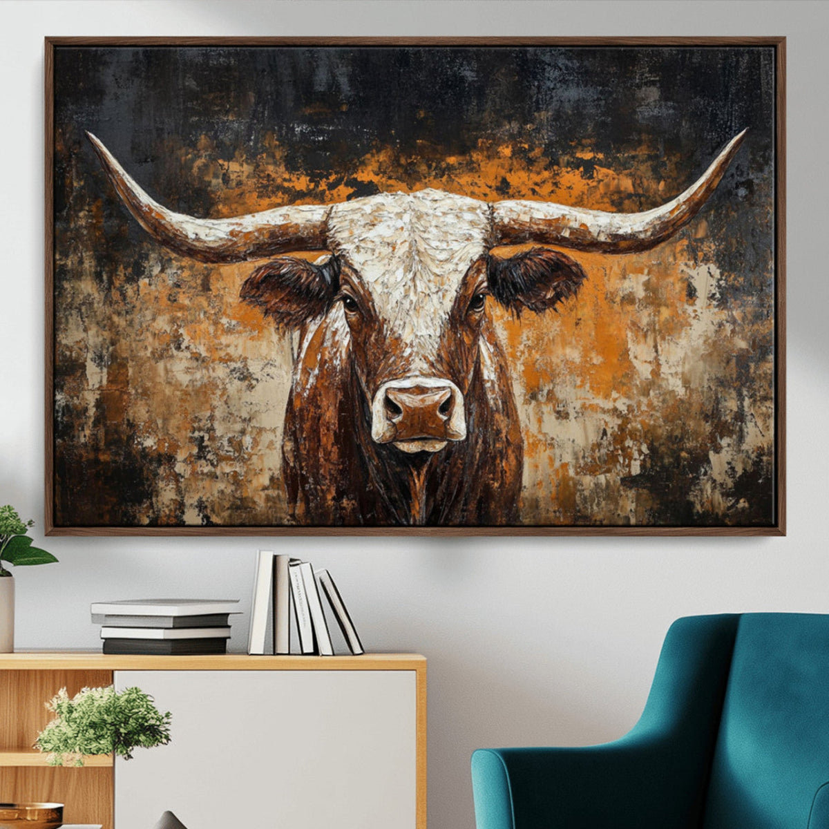 Abstract Longhorn Bull Wall Art Canvas Print, Vintage Western Texas Steer Artwork