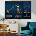 Lady Justice Wall Art Canvas Print, Elegant Gold Legal Symbols on Blue, Law Office Decor