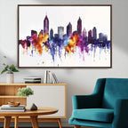 Atlanta Skyline Wall Art Canvas Print, Framed Colorful Watercolor Cityscape