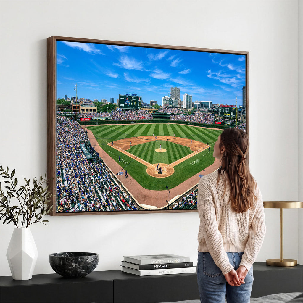 Wrigley Field Baseball Stadium Canvas Wall Art, Packed Crowd and Chicago Skyline